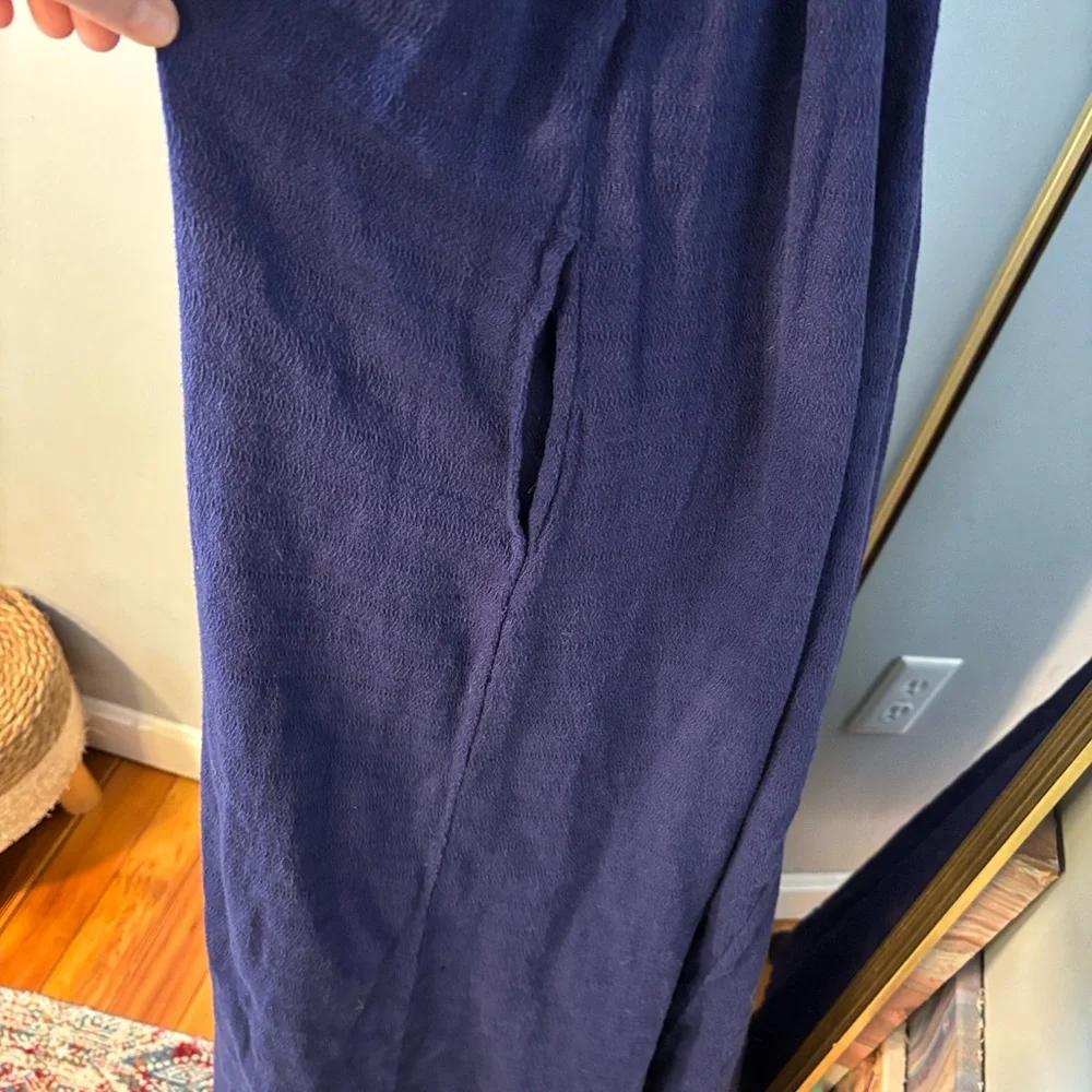 Free People Navy Blue Cotton Linen Striped‎ Bodice Open Back Maxi Dress Small